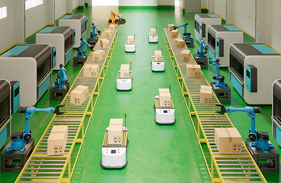 Layout industrial com linhas produtivas automatizadas