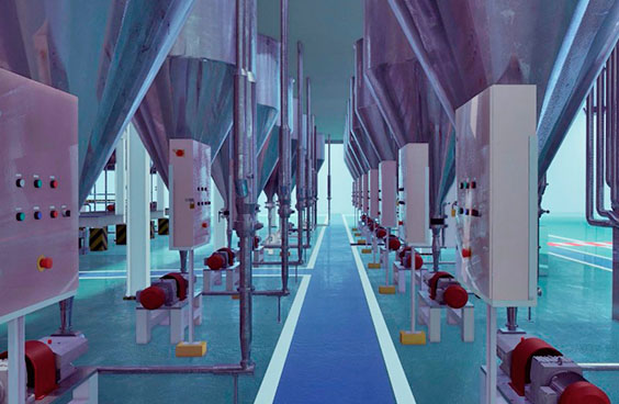 Modelo digital de layout industrial com equipamentos e tubulações