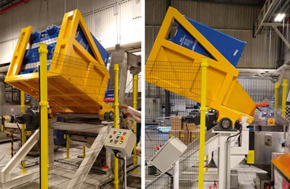 Transportador virador de caixas em instalação industrial